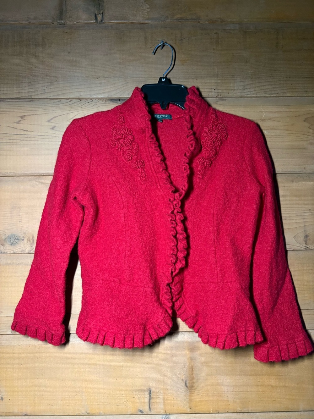 For Cynthia Holiday Festive Boiled Wool Red Ruffle Embroidered Sweater Blazer